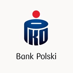 Logotyp PKO Banku Polskiego. Litery PKO układają się w kształt walcowatej puszki, skarbonki w kolorze niebieskim. Tuż nad nią czerwone kółeczko. Pod spodem czarny napis: "Bank Polski".