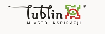 Logotyp z dużym odręcznym napisem "Lublin", po prawej obok napisu jest czerwono-zielony, zgeometryzowany element graficzny z kształtem uproszonego oka w centrum. Na dole mniejszy napis, drukowanymi literami: "Miasto inspiracji".