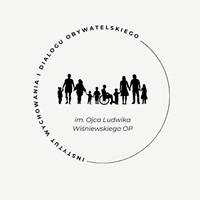 Logo, w którego centrum znajdują się zarysy dziesięciu sylwetek dorosłych i dzieci w tym osoba na wózku. Wokół jest okrąg. w okrąg jest wpisany napis: "Instytut Wychowania i Dialogu Obywatelskiego", wewnątrz okręgu, pod zarysem postaci napis: "imienia Ojca Ludwika Wiśniewskiego Ojca Przeora".