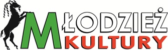 Logo z napisem "Młodzież kultury". Litera M jest większa i zielona, reszta słowa "młodzież" jest biała, a słowo "kultury" jest czerwone. O literę M opiera się lubelski koziołek. Jest czarny.