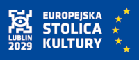 Logo Europejskiej Stolicy Kultury Lublin 2029. Białe litery na niebieskim tle. Po prawej półkole z żółtych gwiazdek.