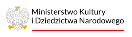 Logo z napisem "Ministerstwo Kultury / i Dziedzictwa Narodowego". Pod napisem długa cienka linia w kolorach polskiej flagi, biało-czerwona. Po lewej biały orzeł ze złotymi szponami, dziobem i koroną.