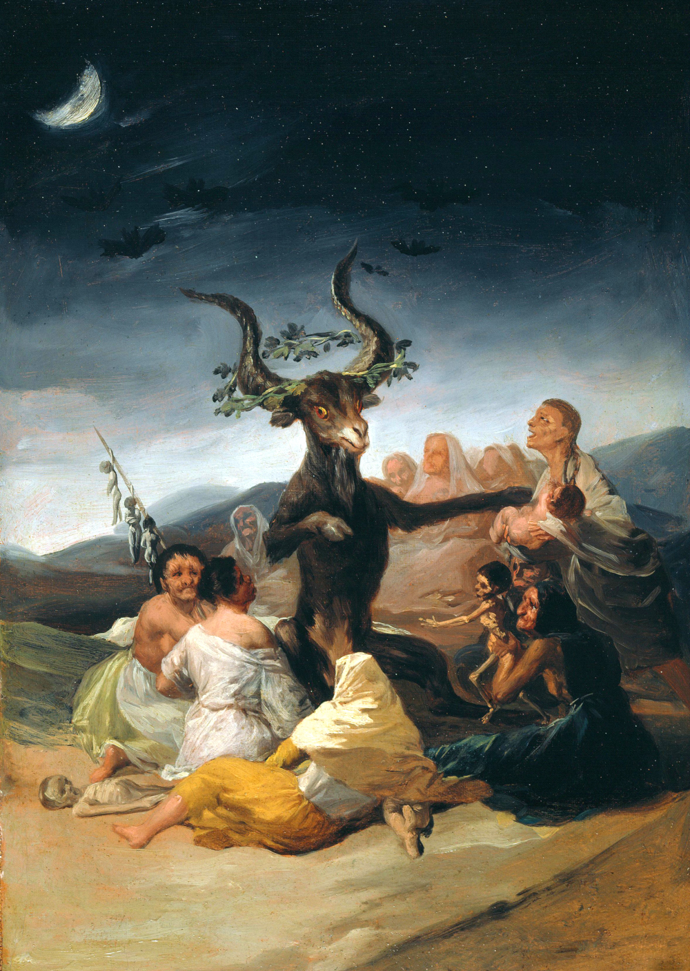 Obraz zatytułowany "Sabat czarownic", autor - Francisco Goya. Obraz przedstawia stare kobiety zebrane wokół olbrzymiego kozła z wielkimi rogami. Kozioł siedzi z uniesionymi do góry przednimi łapami, rogi ma ozdobione ziołami. Nad kozłem latają nietoperze. Kobiety wokół niego są w różnych pozycjach, niektóre z nich trzymają dzieci. W tle górzysty krajobraz i nocne niebo z księżycem.